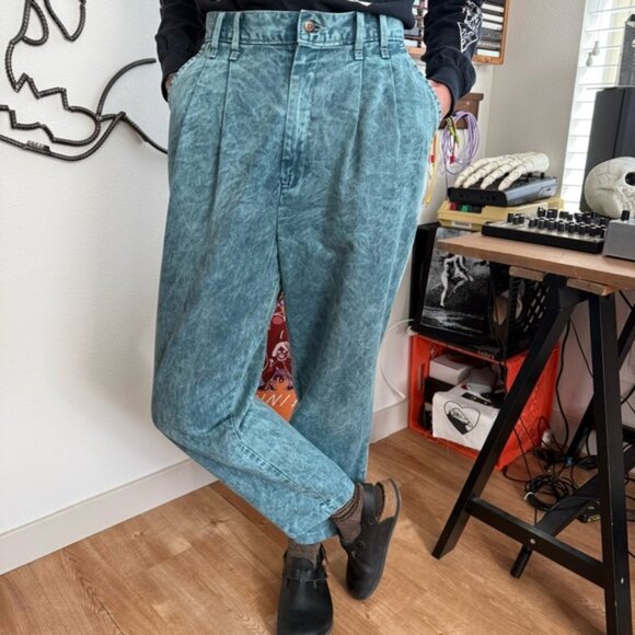chic Pants - 💀 SOLD 💀 Vintage 80s Teal Blue Acid Wash High Waisted Pleated Trousers ~ Size 28